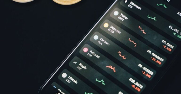 Finance Apps - Coins scattered near smartphone with financial charts on screen